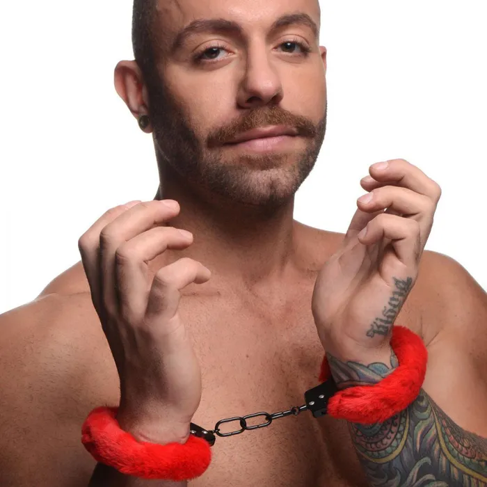 XR Brands Master Series Vibrators Cuffed in Fur Furry Handcuffs Red XR Brands Master Series Vibrators Cuffed in Fur Furry Handcuffs Red