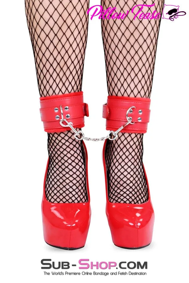 0832DL Red Fur Lined Ankle Bondage Cuffs with Chain MEGA Deal Idea Restraints